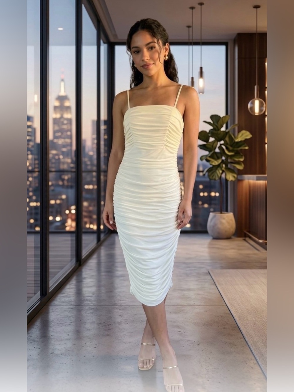 Ruched Cream Midi Dress with Spaghetti Straps